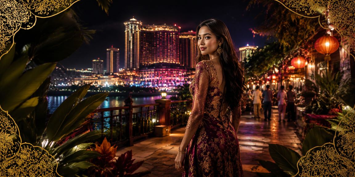 Suasana kasino mewah Genting Highlands dengan hiasan batik dan pencahayaan dramatis